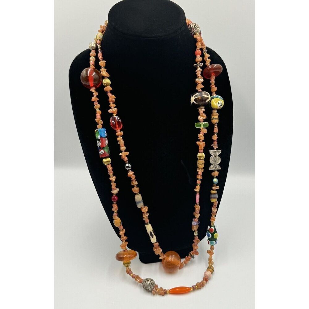 Artisan Natural Stone Amber Copal‎ Uranium Vaseline Glass Long Beaded Necklace